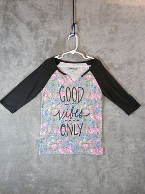 Mudd Floral 'Good Vibes Only' Raglan Top - Black Sleeves, Gray Floral Body